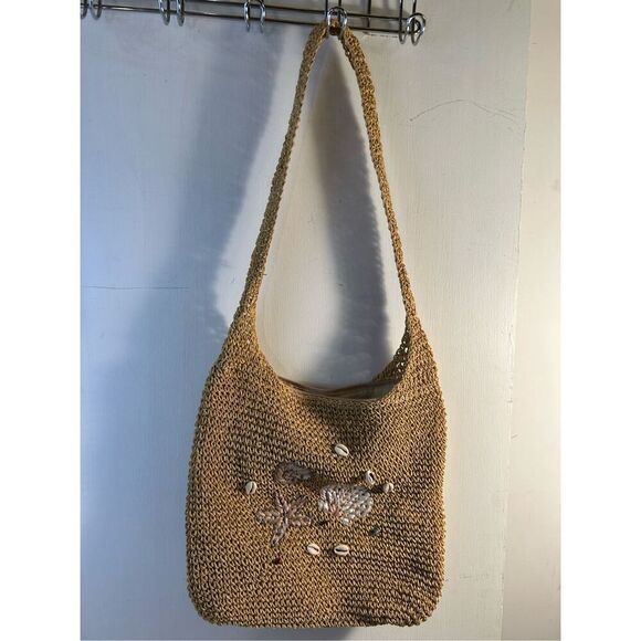 Natural Beach shoulder tote woven bag Seashells zipper 13" - Picture 3 of 7